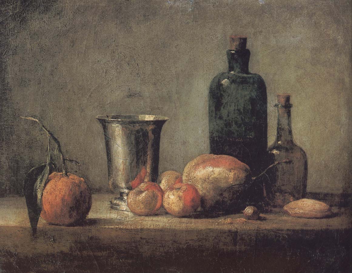 Jean Baptiste Simeon Chardin Orange silver apple pears and two glasses of wine bottles